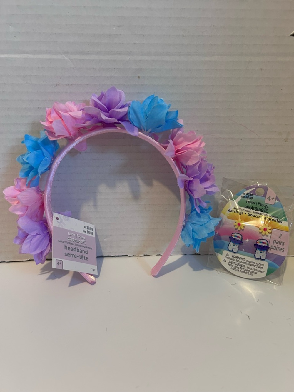 Pink Floral Headband with Blue & Purple Flowers & 2 pairs of earrings age 4+